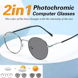 2 In 1 Photochromic Glasses Women Sun Glasses Blue Light Glasses Alloy Glasses Frame UV400 Vintage Sunglasses